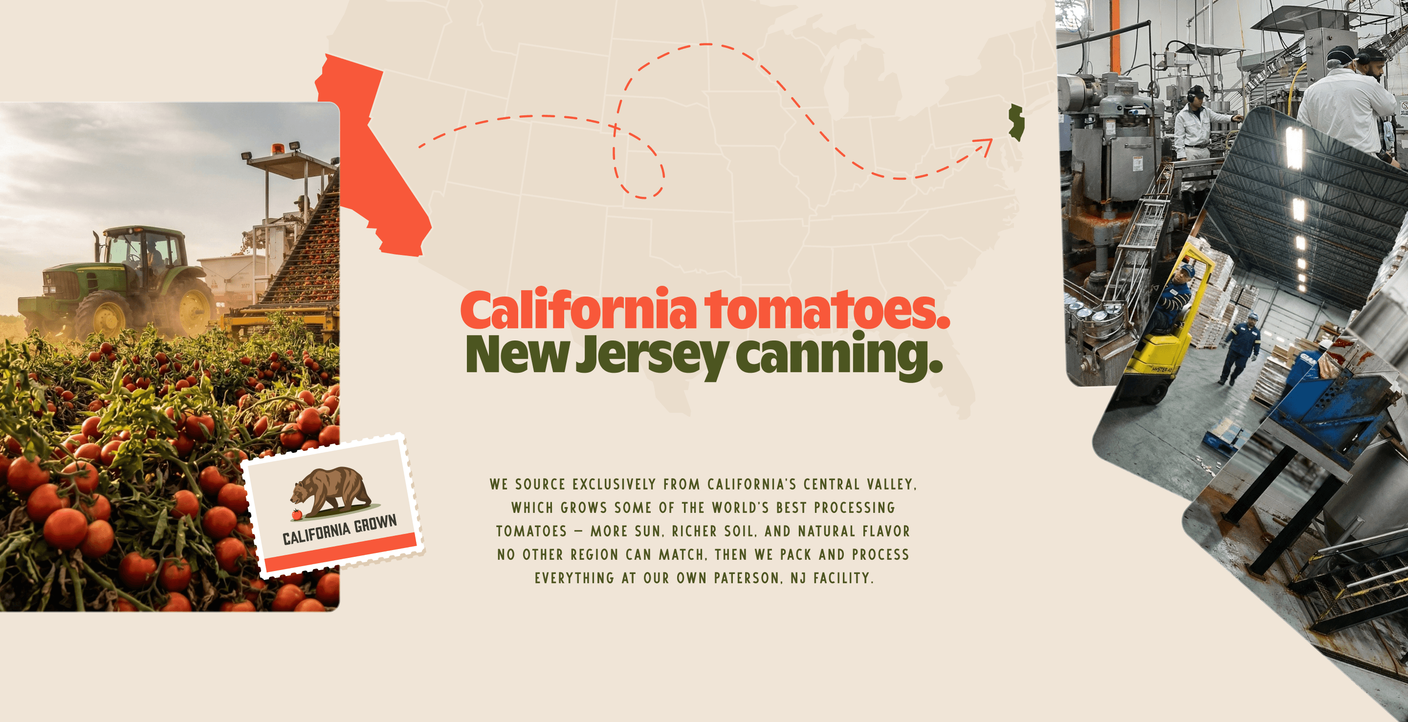 _ Website section titled _California tomatoes. New Jersey canning._ with a US map tracing a dashed route from California to New Jersey, a photo of a tomato harvester in a field, a _California Grown_ postage stamp with a bear, and a photo of workers