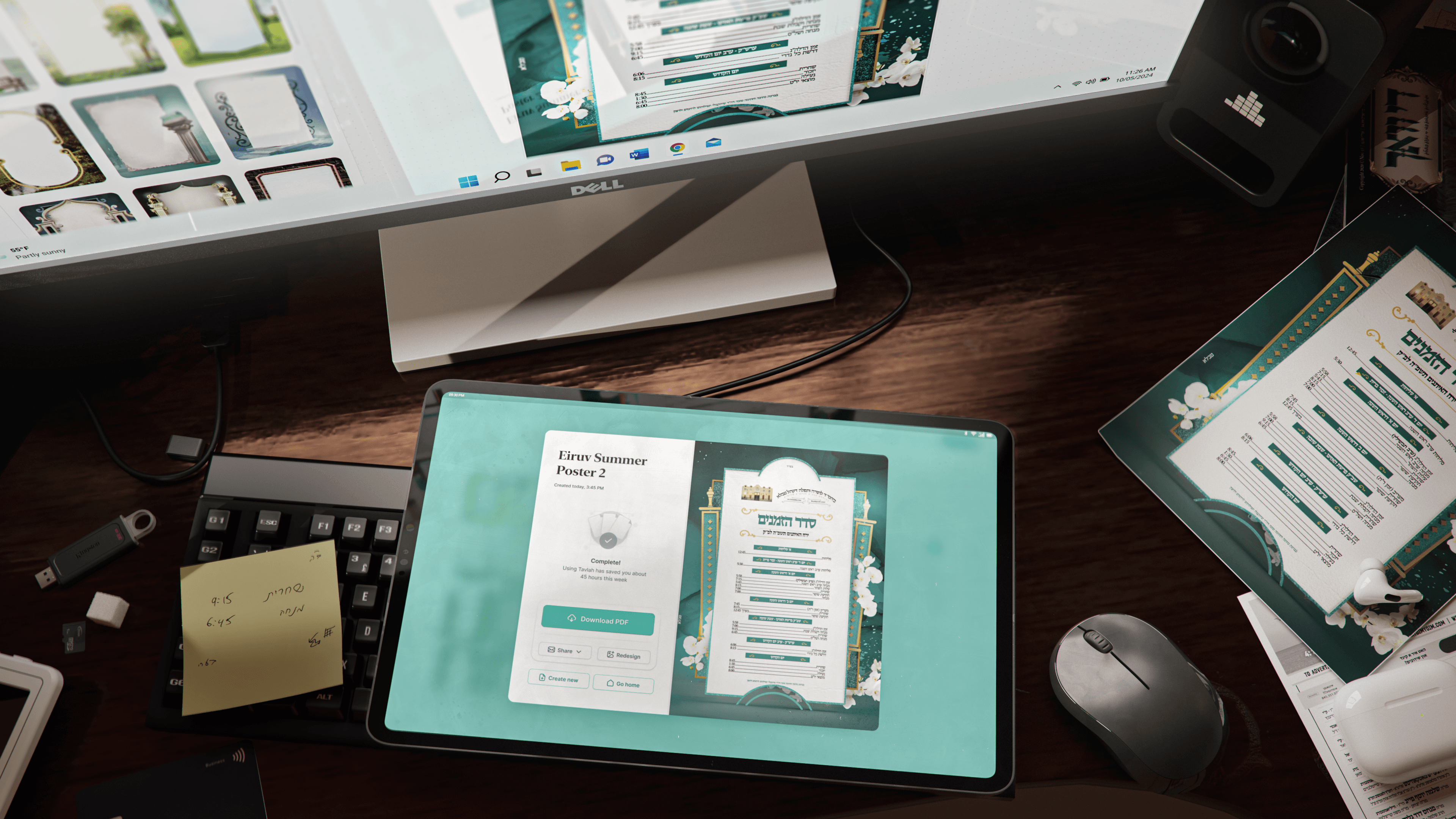 4 Tavlah program displayed on a tablet and monitor, showing a completed Eiruv Summer Poster with editing and sharing options, alongside a printed version on the desk.