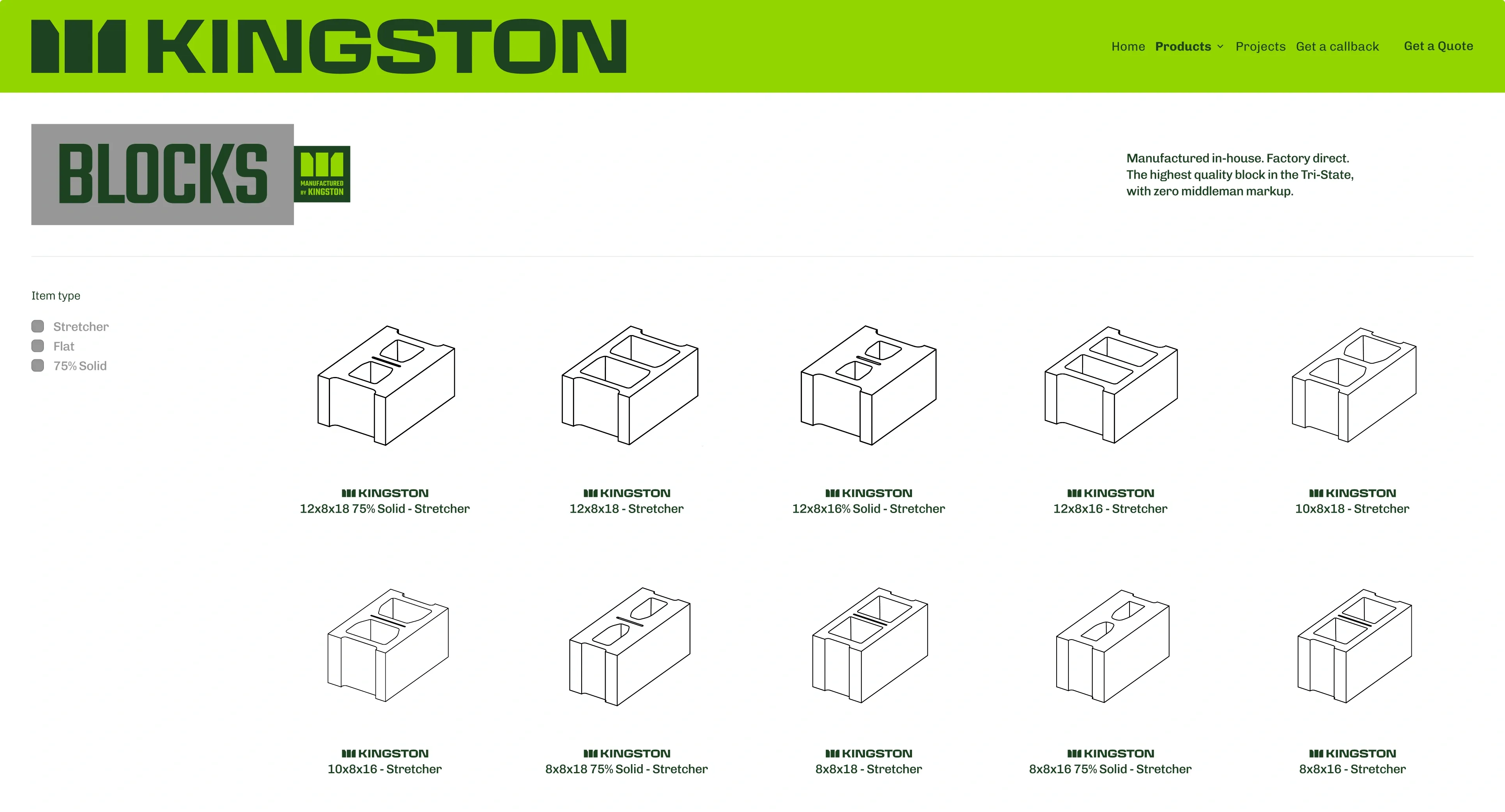 Kingston Block Manufactured Concrete Blocks CMU Product Catalog Stretcher Sizes